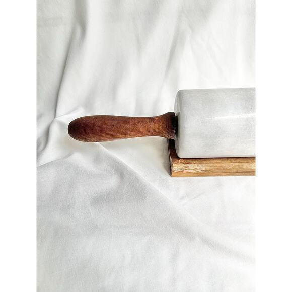 Vintage Heavy Marble Rolling Pin with Stand - Dark Wood, White and Grey Marble - Picture 3 of 10